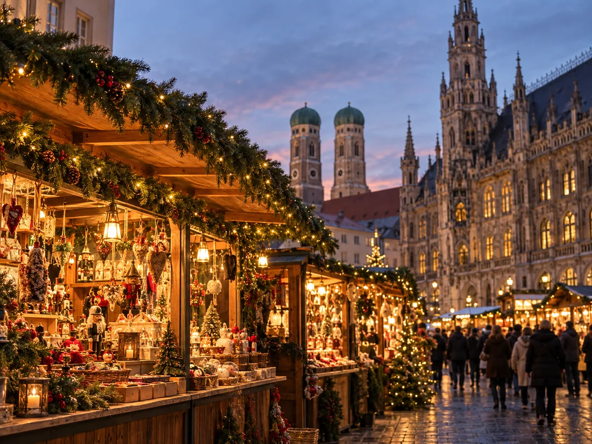 Marktstände mit Lichterketten auf dem Marienplatz, im Hintergrund die Türme des Neuen Rathauses