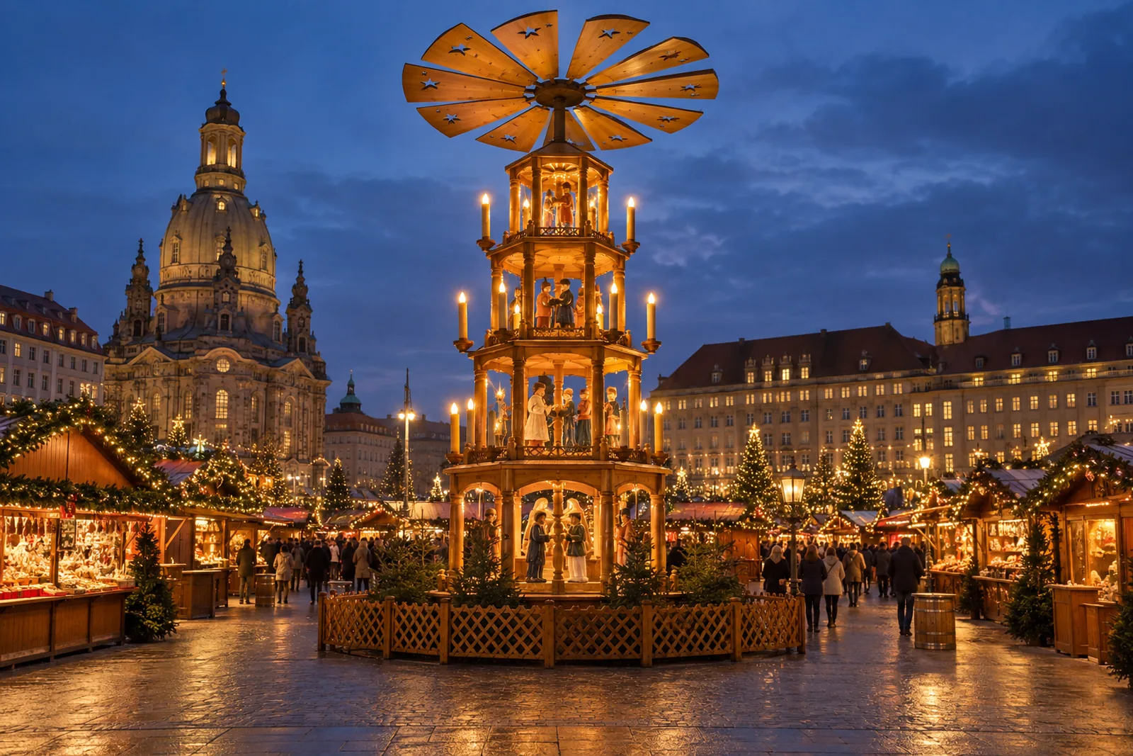 Der Dresdner Striezelmarkt auf dem Altmarkt mit der großen erzgebirgischen Weihnachtspyramide