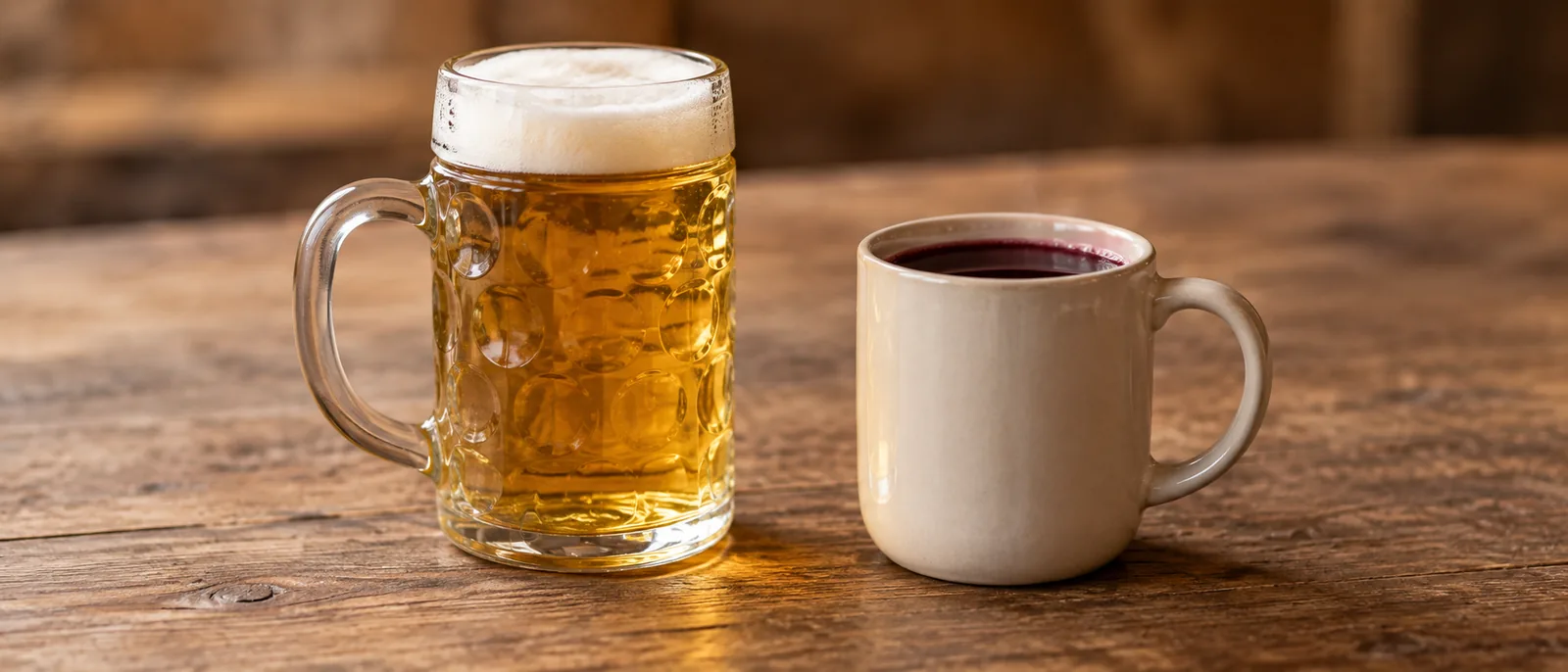 Nahaufnahme eines Bierkrugs neben einer Glühwein-Tasse auf einem Holztisch, symbolisch für die zwei Jahreszeiten dieses Führers