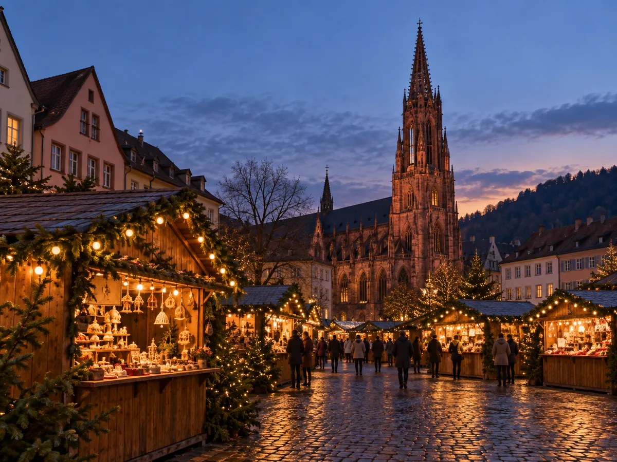 Weihnachtsmarktstände auf dem Rathausplatz in Freiburg mit Blick auf das gotische Münster
