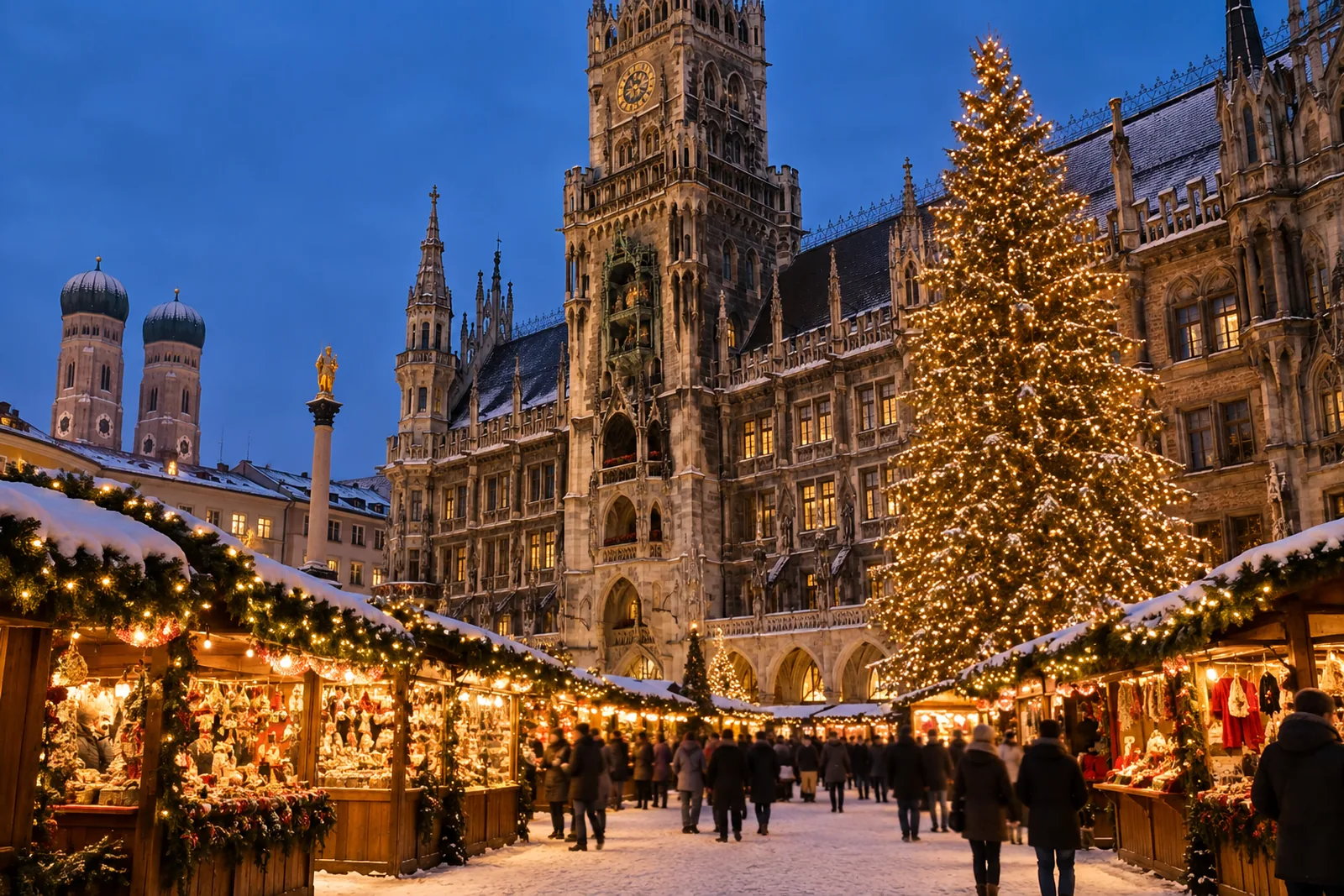 Der Christkindlmarkt am Münchner Marienplatz mit beleuchtetem Christbaum vor dem Rathaus