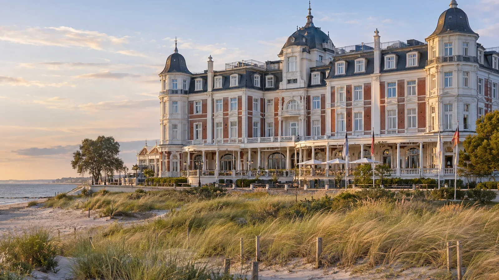 Das Hotel Baltic Krone, ein historisierendes Grandhotel an der deutschen Ostseeküste im Abendlicht, mit Strandpromenade und Dünengras im Vordergrund