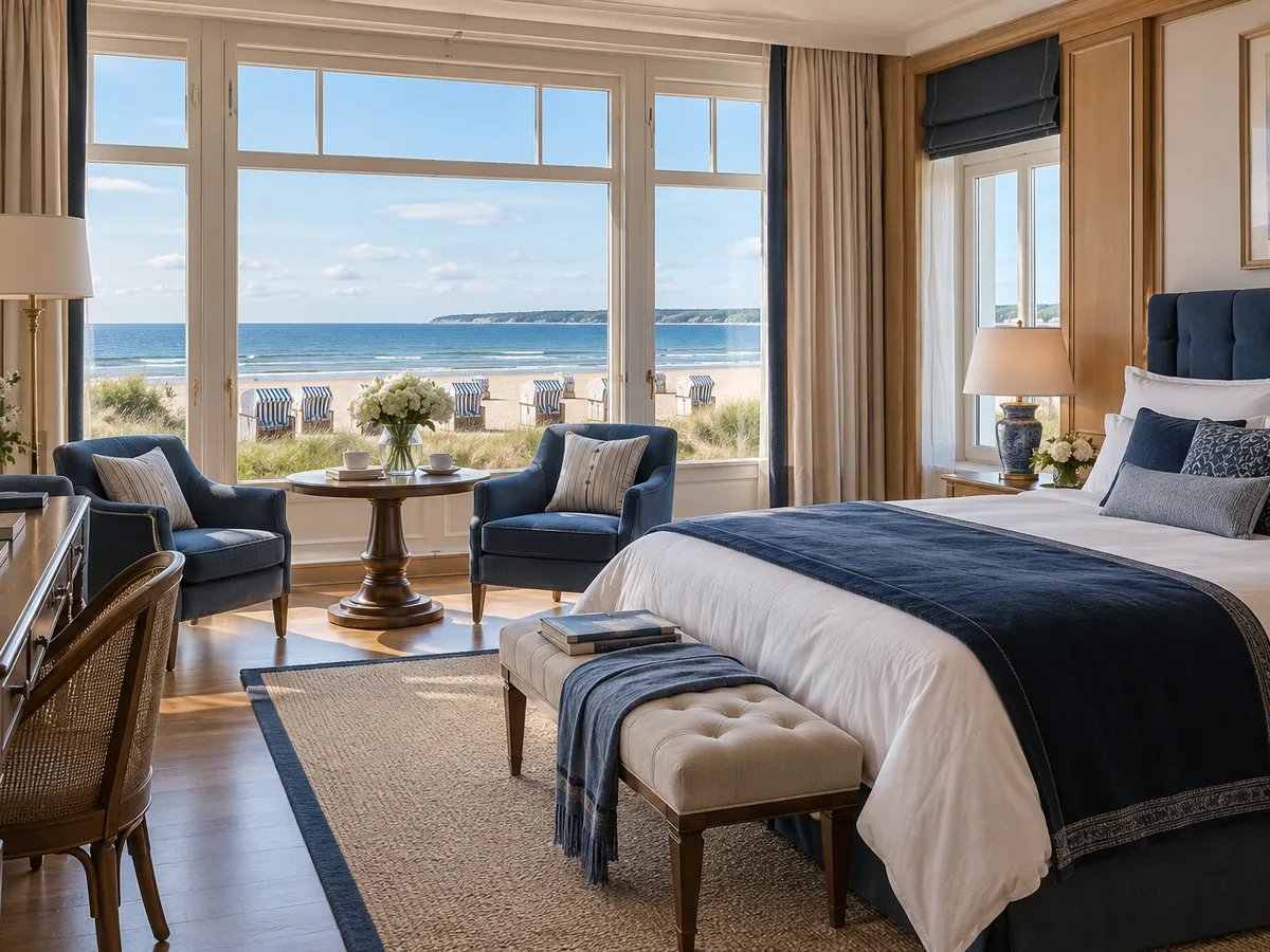 Elegantes Hotelzimmer im Hotel Baltic Krone mit Meerblick, Strandkörben und nautischem Interieur