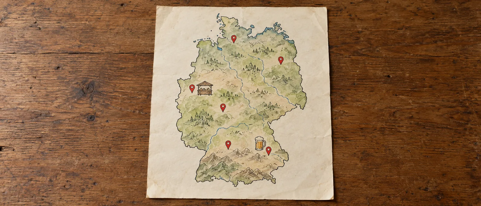 Ein handgezeichneter Stadtplan mit sechs markierten deutschen Städten, umgeben von kleinen Symbolen für Weihnachtsmarkt und Biergarten