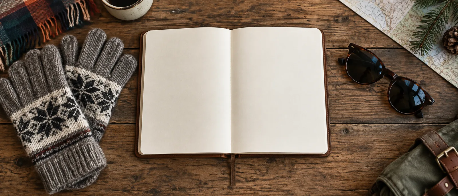 Ein aufgeschlagenes Reisenotizbuch mit Handschuhen auf der einen und einer Sonnenbrille auf der anderen Seite