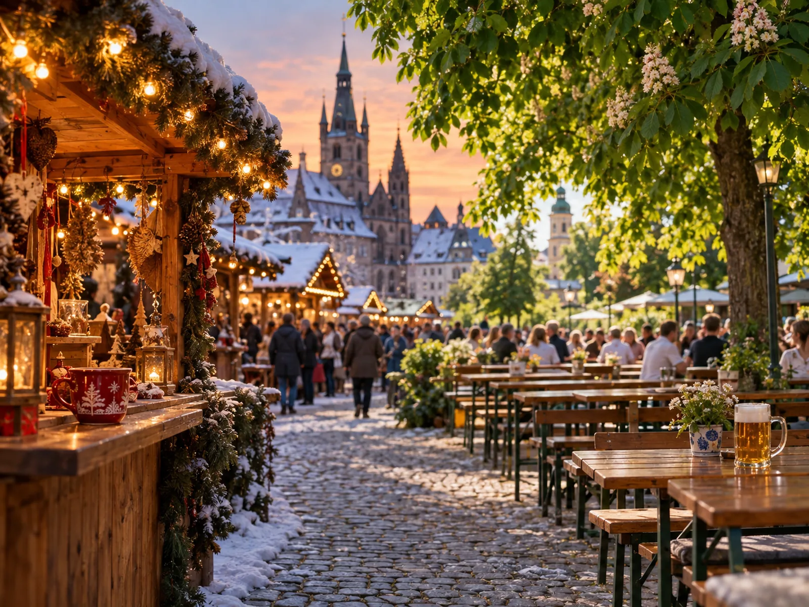 Geteiltes Bild: links ein beleuchteter Weihnachtsmarktstand im Schnee, rechts ein sonniger Biergarten unter Kastanienbäumen