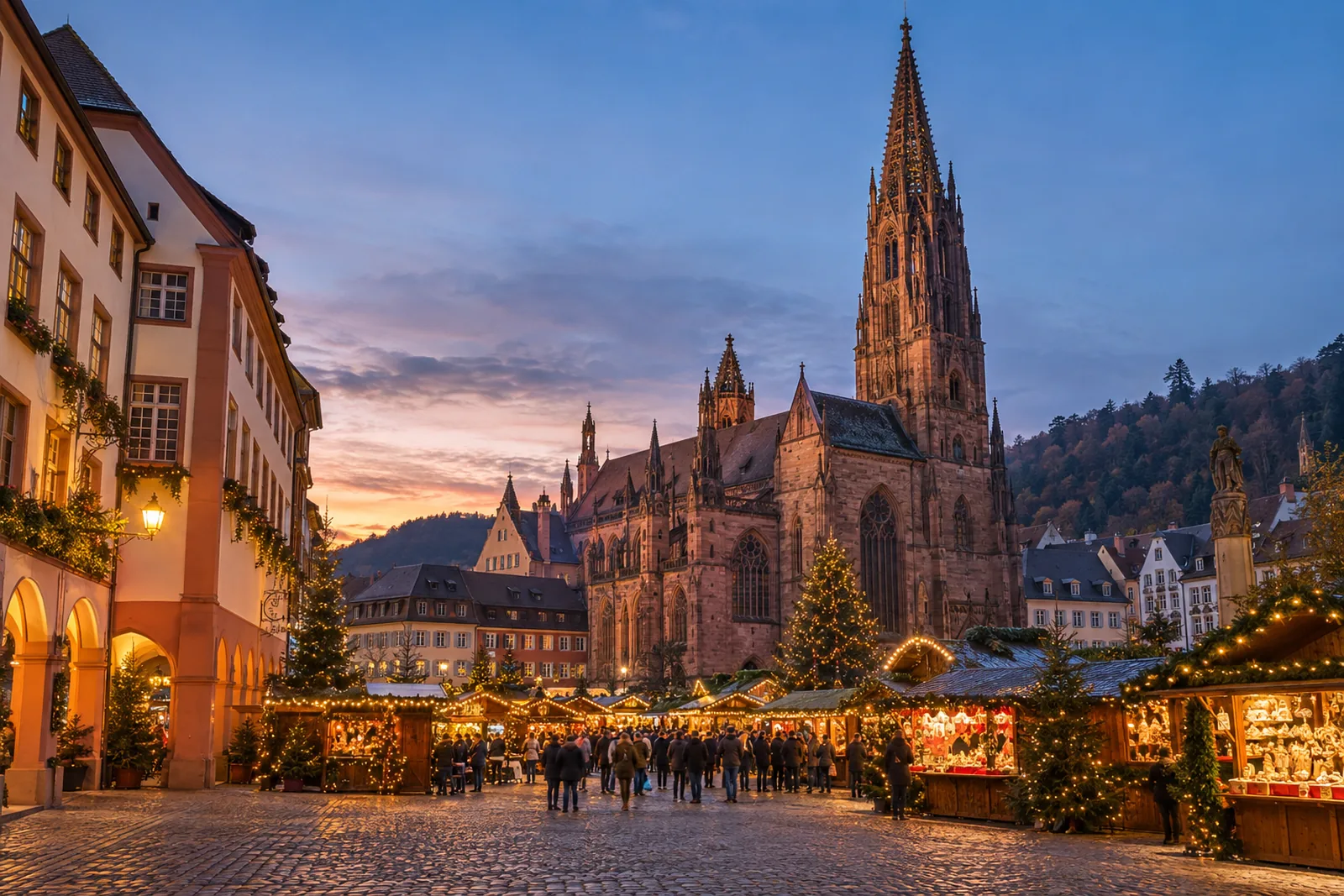 Der Freiburger Weihnachtsmarkt auf dem Rathausplatz mit Blick auf das Freiburger Münster