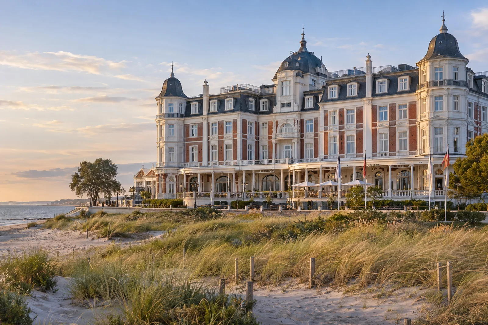 Das Hotel Baltic Krone, ein historisierendes Grandhotel an der deutschen Ostseeküste im Abendlicht