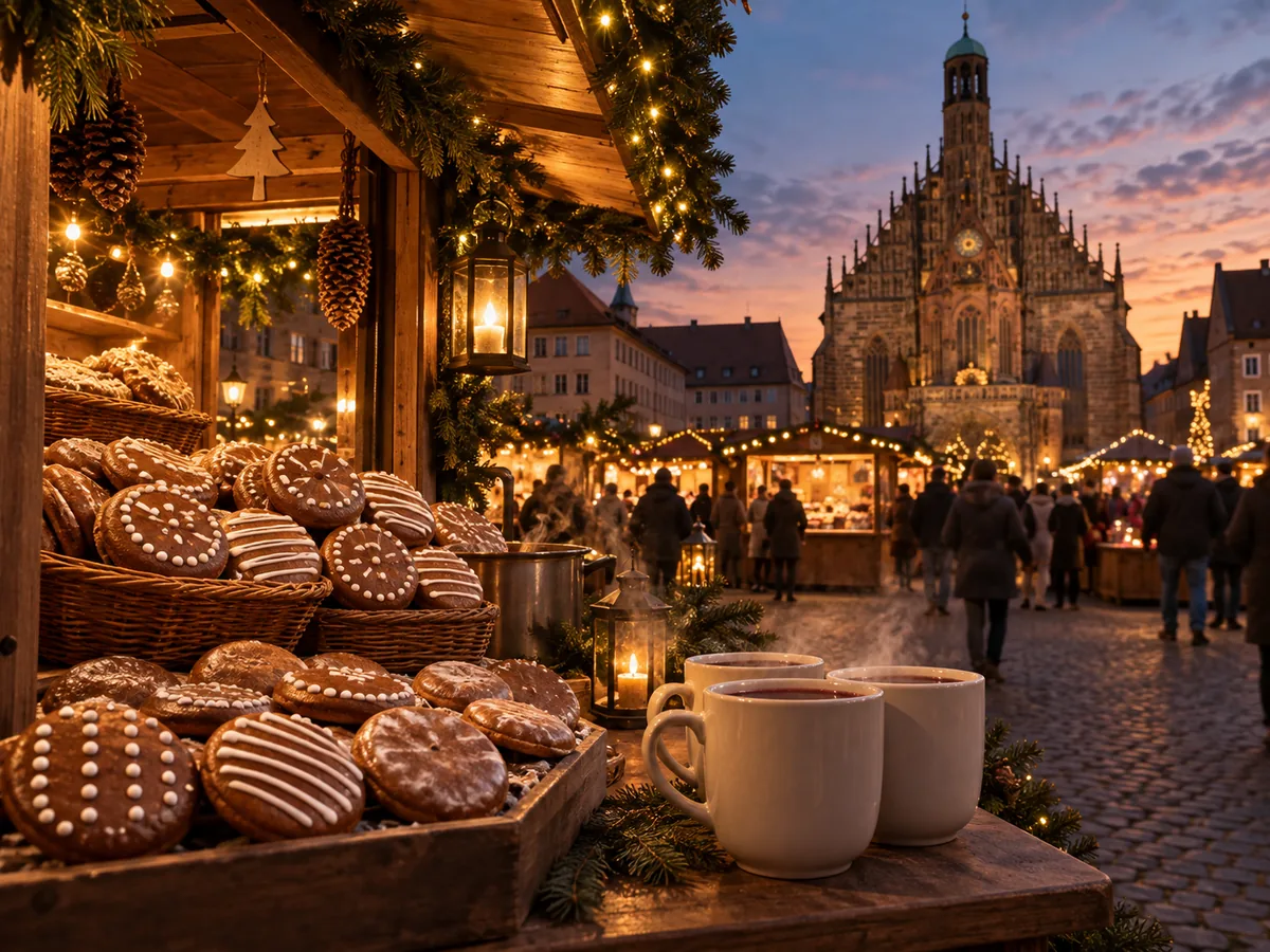 Holzbuden mit Lebkuchen und Glühwein auf dem Nürnberger Christkindlesmarkt am Abend