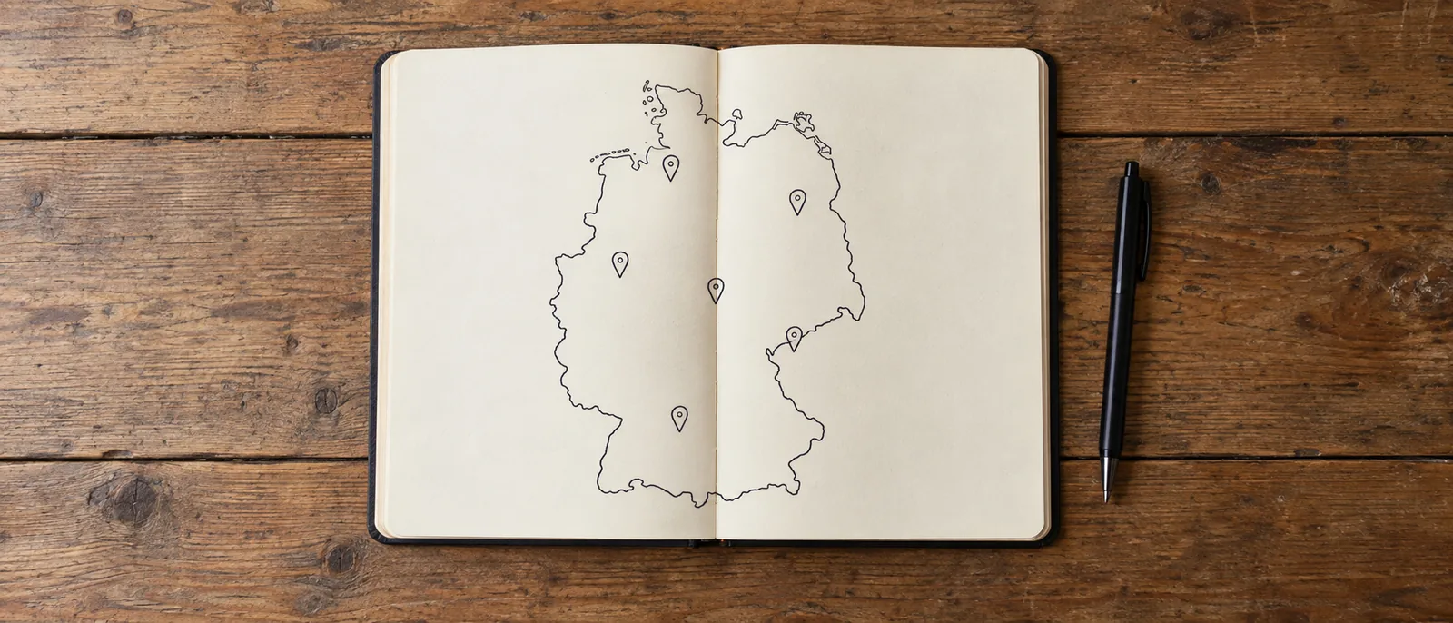 Ein aufgeschlagenes Notizbuch mit handgezeichneter Deutschlandkarte, sechs markierten Städten und einem Stift daneben
