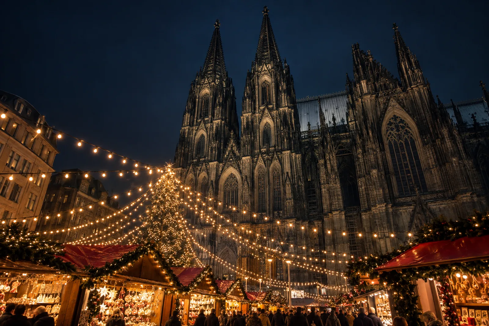 Der Kölner Weihnachtsmarkt am Dom auf der Roncalliplatz mit beleuchtetem Lichterzelt